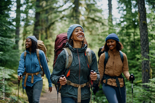 Three women hike through a forest, smiling and enjoying the outdoors.