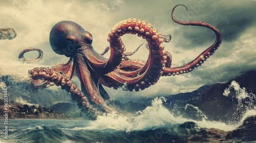 Giant Octopus Emerging from the Sea with a Cloudy Sky and Coastal Town in the Background photo