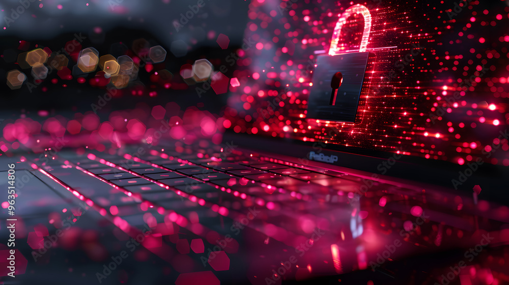 Laptop with glowing red padlock on a dark background, highlighting cybersecurity. Digital protection concept Laptop with glowing red padlock on a dark background, highlighting cybersecurity. Digital protection concept