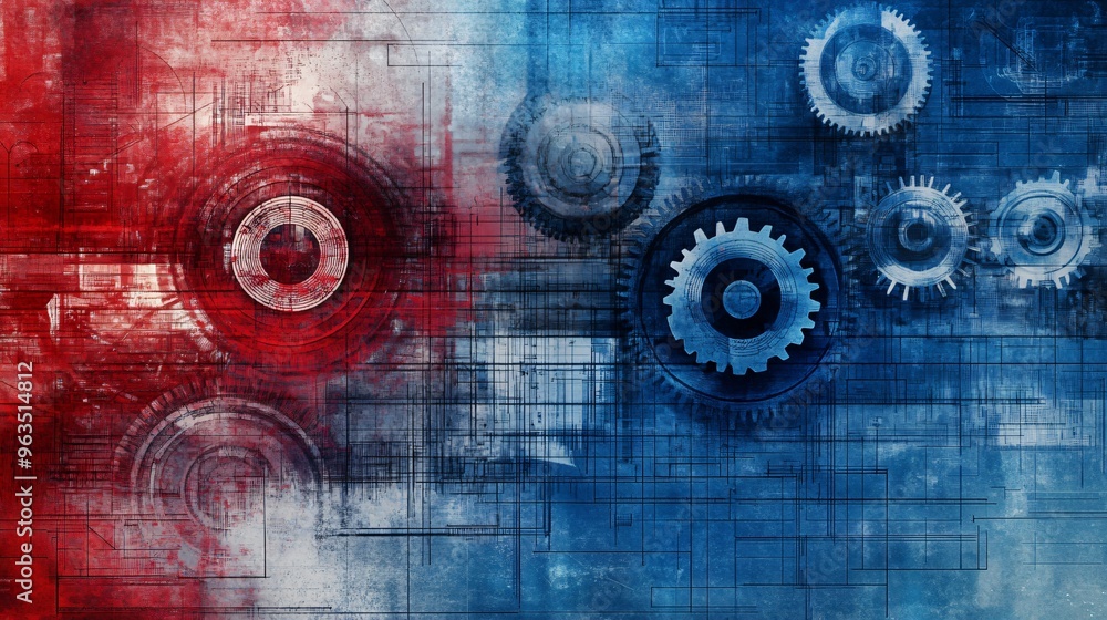 Industrial abstract background with large gears, machinery, and blueprints blending into a patriotic red, white, and blue theme for Labor Day Industrial abstract background with large gears, machinery, and blueprints blending into a patriotic red, white, and blue theme for Labor Day