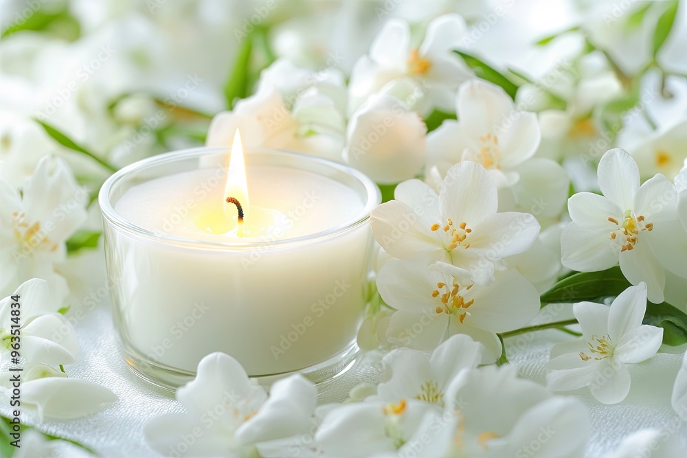 Candle and white flowers .generative ai Candle and white flowers .generative ai