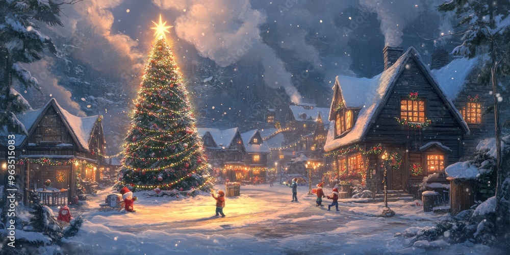 A snowy village at night with warmly lit cottages, smoke curling from chimneys A snowy village at night with warmly lit cottages, smoke curling from chimneys