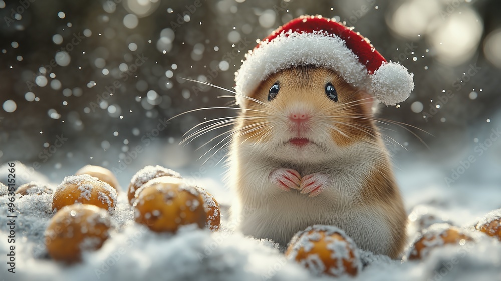 Obraz premium Cute Hamster Wearing a Santa Hat in a Snowy Scene with Holiday Treats, Representing the Joy of Christmas in Winter