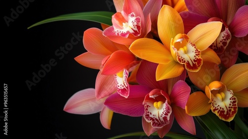 A vibrant display of Cymbidium orchids in a bouquet, with their large, colorful blooms photo