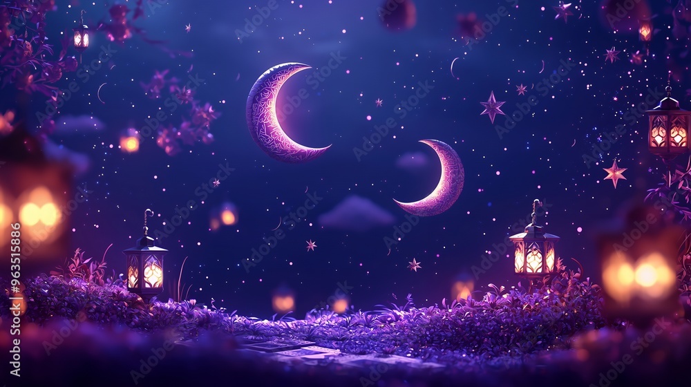 Two crescent moons glow in a dark night sky with twinkling stars and glowing lanterns. Two crescent moons glow in a dark night sky with twinkling stars and glowing lanterns.