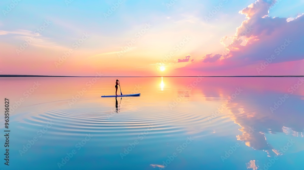 A peaceful sunset paddleboarding session on a calm lake, with the sky turning shades of orange and pink. The gentle ripples of the water and the soft glow of the fading sun create a serene and 