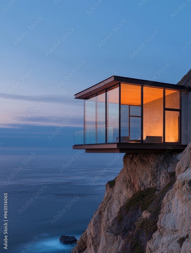 A contemporary, glass-walled house perched on a cliff overlooking a vast expanse of blue ocean. The home offers breathtaking panoramic views and a sense of peace and serenity. A contemporary, glass-walled house perched on a cliff overlooking a vast expanse of blue ocean. The home offers breathtaking panoramic views and a sense of peace and serenity.
