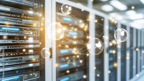 Server rack in a data center; High-tech data center with rows of server cabinets
