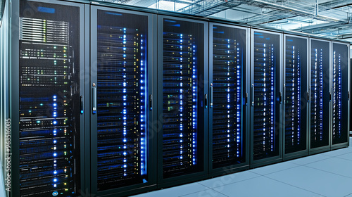 Server rack in a data center; High-tech data center with rows of server cabinets