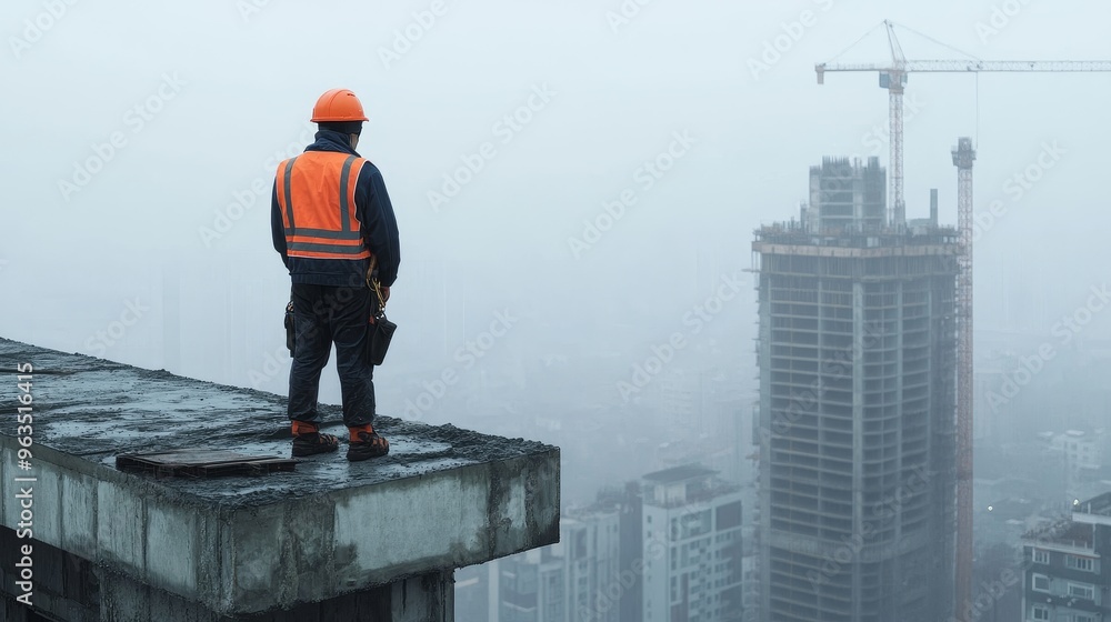 A construction worker, wearing a safety vest and helmet, stands on the edge of a rooftop overlooking a cityscape. The weather is foggy, creating a sense of mystery and highlighting the worker's isolat