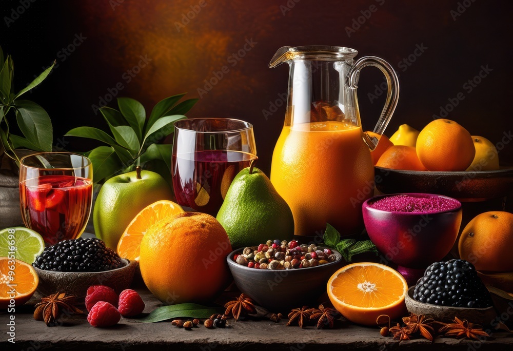 vibrant beverage ingredients artfully arranged dynamic eye catching design featuring bright colors varied textures, arrangement, fruits, herbs, spices vibrant beverage ingredients artfully arranged dynamic eye catching design featuring bright colors varied textures, arrangement, fruits, herbs, spices