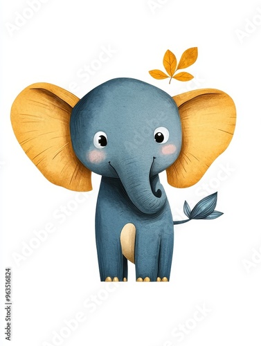 A cute cartoon elephant with big yellow ears and a small leaf on its head. It is a perfect sticker for kids, with a minimal design and soft colors. It symbolizes friendship, joy, and the beauty of nat photo