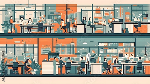 business office interior workplace people working and communicating flat design illustration generative AI.