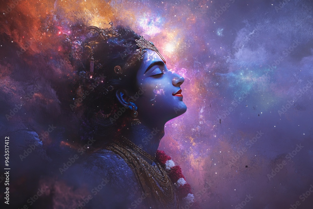 Lord Krishna depicted as Vishwaroop( cosmic form) showing the universe within him, with a radiant aura Lord Krishna depicted as Vishwaroop( cosmic form) showing the universe within him, with a radiant aura