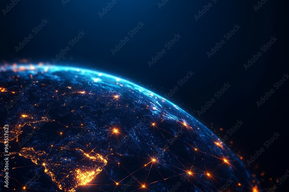 A digital representation of the Earth with glowing lines connecting cities, symbolizing global communication, technology, interconnection, and the interconnectedness of the modern world. A digital representation of the Earth with glowing lines connecting cities, symbolizing global communication, technology, interconnection, and the interconnectedness of the modern world.