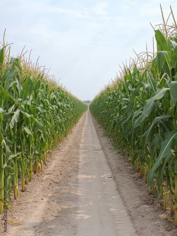 Fototapeta premium A dirt path winds through a tall cornfield. The corn stalks are green and golden, creating a natural maze. The path symbolizes a journey, a challenge, and a sense of exploration. The cornfield repres