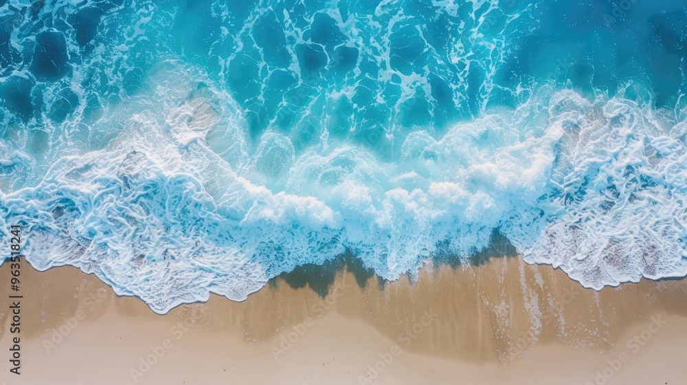 Summer Beach Aerial View with Blue Waves and White Foamy Shore Summer Beach Aerial View with Blue Waves and White Foamy Shore