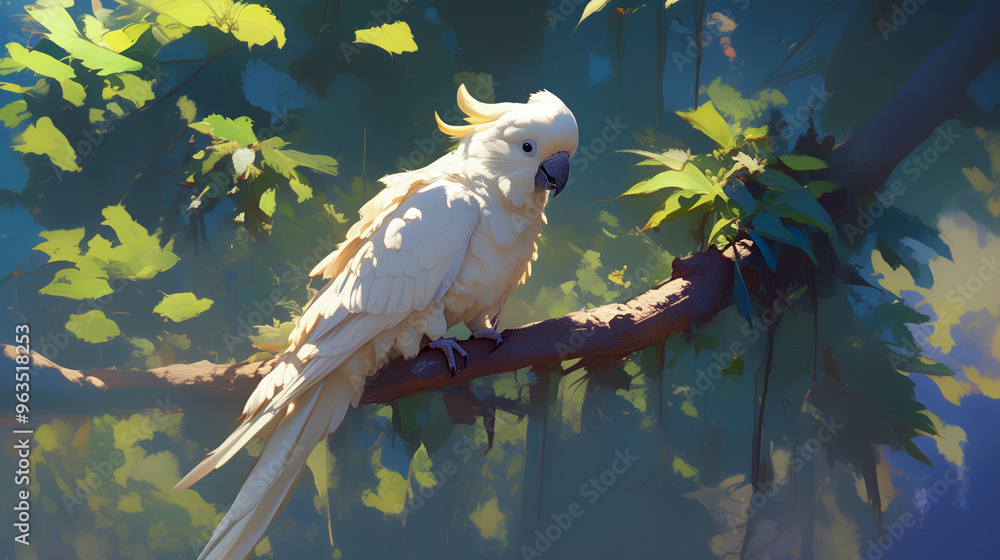 an albino macaw perched on a tropical branch an albino macaw perched on a tropical branch