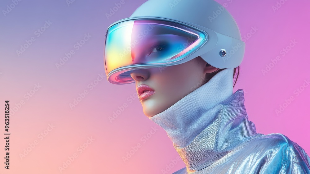 A futuristic fashion model with a holographic visor and a sleek, white helmet. The vibrant colors and unique design represent the blending of technology and style. A futuristic fashion model with a holographic visor and a sleek, white helmet. The vibrant colors and unique design represent the blending of technology and style.