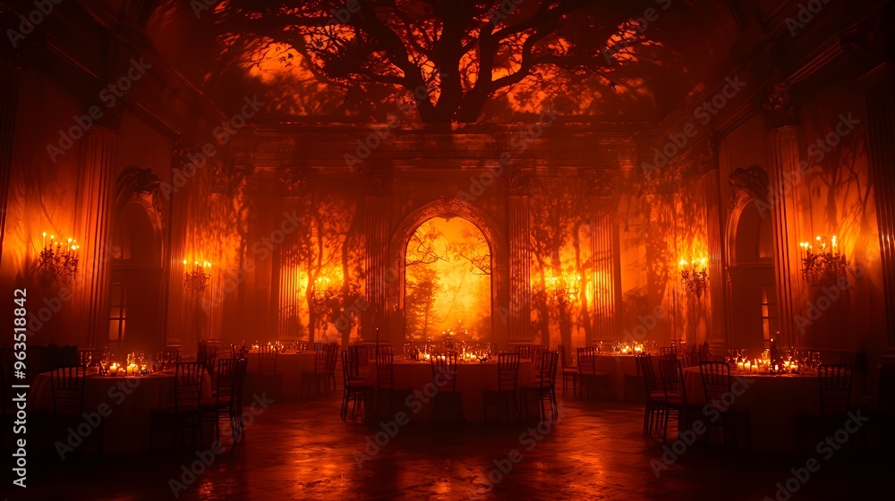 A dimly lit dining hall with candlelight and a silhouette of trees projected onto the wall. A dimly lit dining hall with candlelight and a silhouette of trees projected onto the wall.