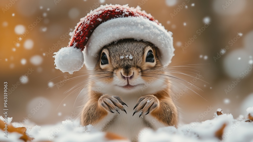 Adorable Squirrel Wearing a Santa Hat in a Snowy Scene, Symbolizing Christmas Cheer and Winter Fun Adorable Squirrel Wearing a Santa Hat in a Snowy Scene, Symbolizing Christmas Cheer and Winter Fun