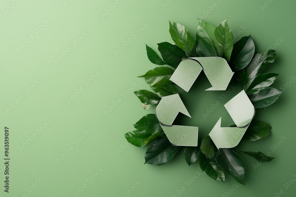 A green background with a white recycling symbol made of leaves, representing the importance of environmental sustainability and eco-friendly practices. The symbol is surrounded by a ring of lush gree A green background with a white recycling symbol made of leaves, representing the importance of environmental sustainability and eco-friendly practices. The symbol is surrounded by a ring of lush gree