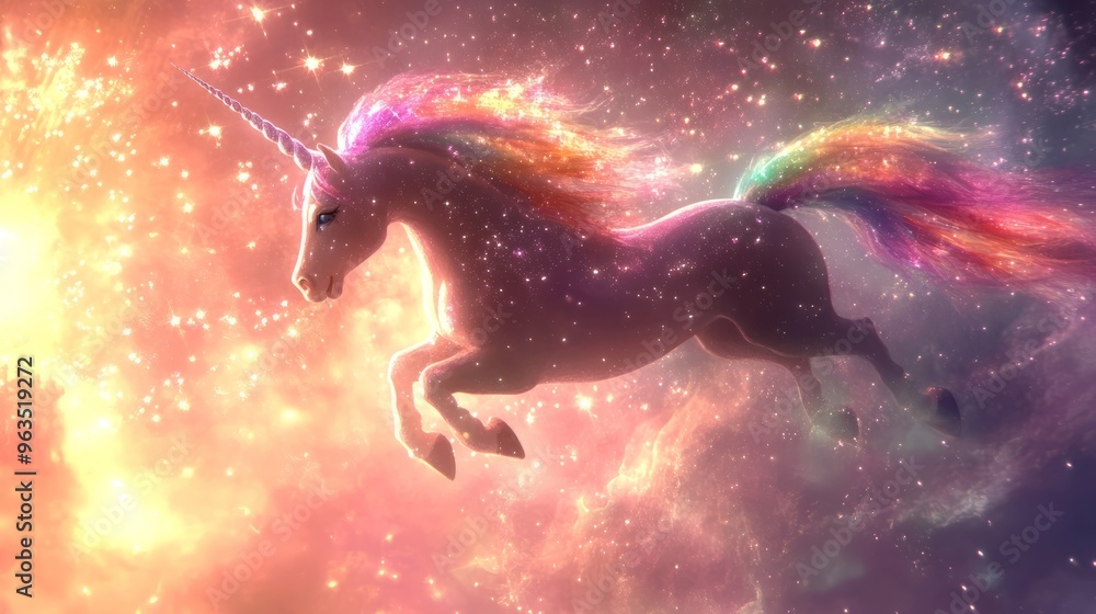 A magical unicorn gallops through a starry sky with a rainbow mane and tail. A magical unicorn gallops through a starry sky with a rainbow mane and tail.