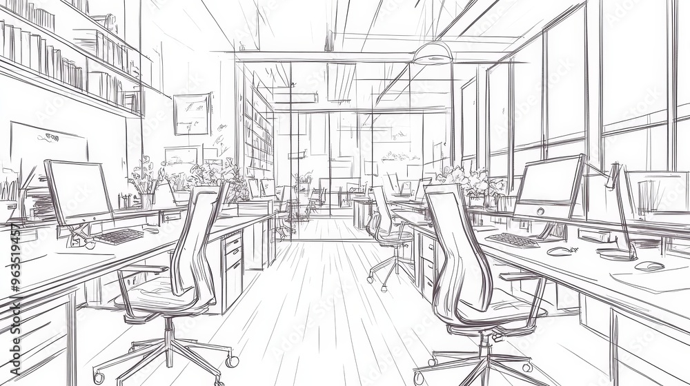 A hand-drawn sketch of a modern office space featuring rows of desks, chairs, and computers, symbolizing productivity, collaboration, and innovation. A hand-drawn sketch of a modern office space featuring rows of desks, chairs, and computers, symbolizing productivity, collaboration, and innovation.