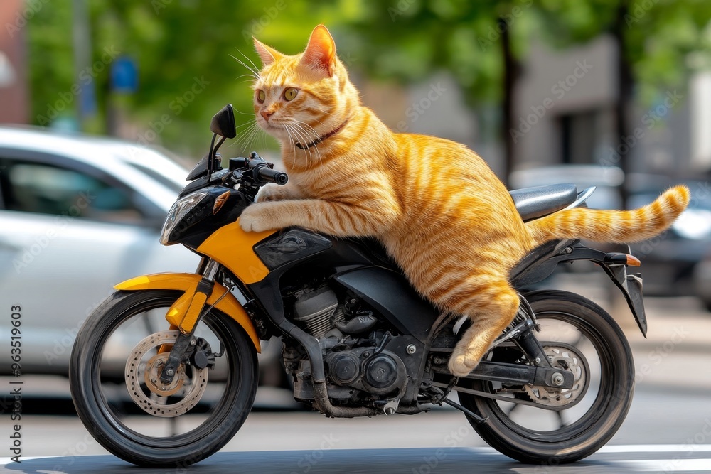 Cat on a sleek motorcycle, zooming past traffic with perfect balance and grace, its tail trailing behind Cat on a sleek motorcycle, zooming past traffic with perfect balance and grace, its tail trailing behind