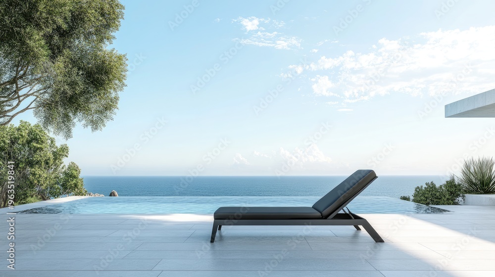 Fototapeta premium A Single Lounger by the Infinity Pool Overlooking the Ocean