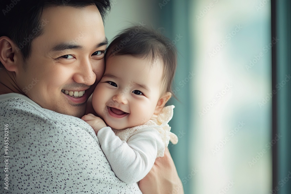 Asian father carry and hug adorable baby girl , happy family and father day concept .generative ai Asian father carry and hug adorable baby girl , happy family and father day concept .generative ai