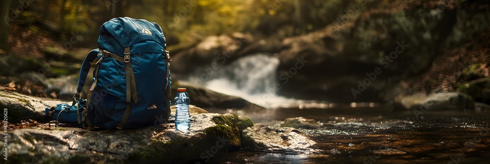 A blue backpack and a water bottle sit on rocks near a waterfall in the woods. A blue backpack and a water bottle sit on rocks near a waterfall in the woods.