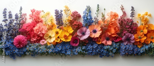 A Rainbow of Wildflowers Arranged in a Row on White Background photo