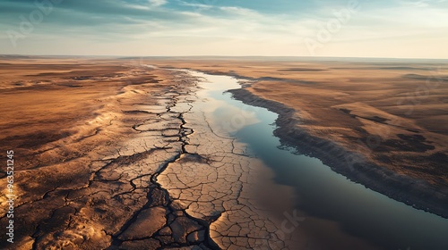 An aerial shot of a wide, cracked basin where a lake once stood, now a desolate stretch of earth with only faint traces of watera??s previous presence. photo