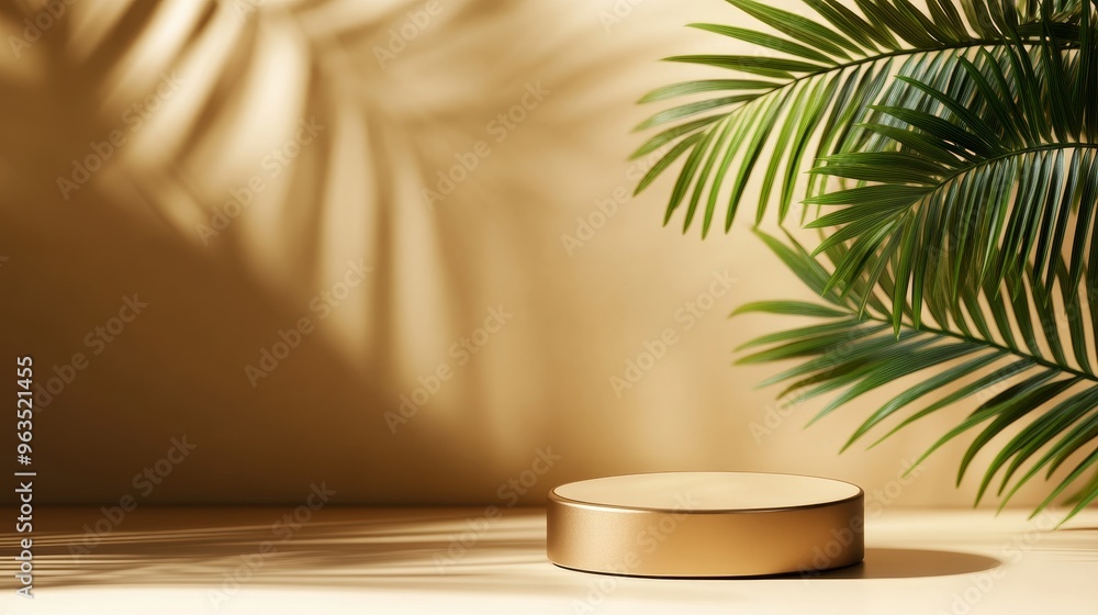 A minimalist product display featuring a round golden podium, a beige background, and a palm leaf casting a shadow on the surface. The image evokes a sense of natural elegance and sophistication, perf A minimalist product display featuring a round golden podium, a beige background, and a palm leaf casting a shadow on the surface. The image evokes a sense of natural elegance and sophistication, perf