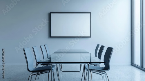 A minimalist meeting room with a large projection screen, a glass table, and modern chairs. The room is empty, creating a sense of anticipation and professionalism.