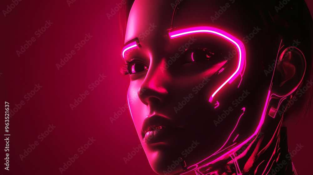 Female cyborg face with pink neon lines, futuristic robotic art, 3d render. Cyborg. Illustration Female cyborg face with pink neon lines, futuristic robotic art, 3d render. Cyborg. Illustration