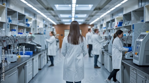 Female Scientist Walking Through a Modern Laboratory