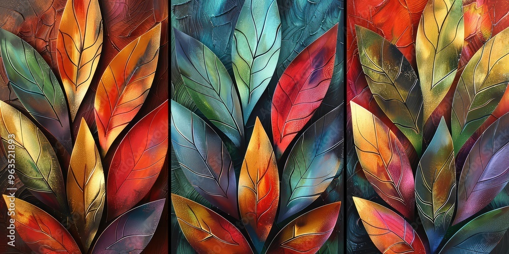 custom made wallpaper toronto digitalVibrant Leaf Art Panels, AI generated illustration.
