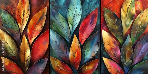 Wallpaper Mural Vibrant Leaf Art Panels, AI generated illustration. Torontodigital.ca