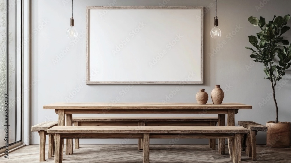 Minimalist Dining Room with Wooden Table and Benches Minimalist Dining Room with Wooden Table and Benches