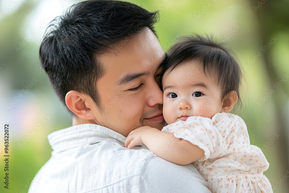 Asian father carry and hug adorable baby girl , happy family and father day concept .generative ai Asian father carry and hug adorable baby girl , happy family and father day concept .generative ai