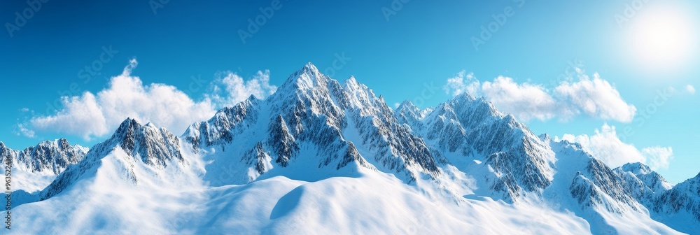 A panoramic view of a majestic snow-capped mountain range, showcasing the beauty of nature's grandeur. The towering peaks pierce the azure sky, while fluffy white clouds drift lazily overhead. This im A panoramic view of a majestic snow-capped mountain range, showcasing the beauty of nature's grandeur. The towering peaks pierce the azure sky, while fluffy white clouds drift lazily overhead. This im