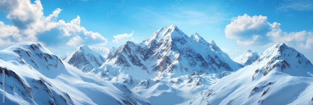 Obraz premium A panoramic view of snow-covered mountain peaks, reaching towards a cerulean sky adorned with fluffy white clouds. This image evokes a sense of grandeur, peace, and the untamed beauty of nature. It sy