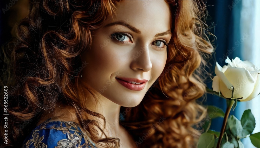 Fototapeta premium A portrait of an elegant woman with curly red hair holding a white rose. Her serene smile and delicate features are complemented by a softly lit background, creating a warm and intimate atmosphere