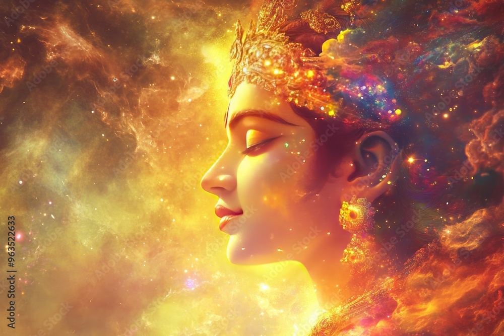 Lord Krishna depicted as Vishwaroop( cosmic form) showing the universe within him, with a radiant aura Lord Krishna depicted as Vishwaroop( cosmic form) showing the universe within him, with a radiant aura