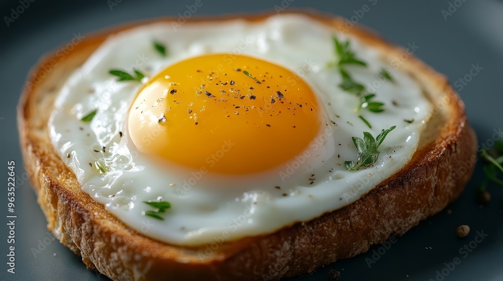 A perfectly cooked fried egg sits on a slice of toasted bread, garnished with fresh herbs and a sprinkle of black pepper. The yolk is runny and golden, making this a classic breakfast or brunch dish. A perfectly cooked fried egg sits on a slice of toasted bread, garnished with fresh herbs and a sprinkle of black pepper. The yolk is runny and golden, making this a classic breakfast or brunch dish.