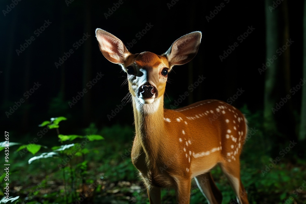 Deer moving gracefully through the trees, illuminated by the moonlight