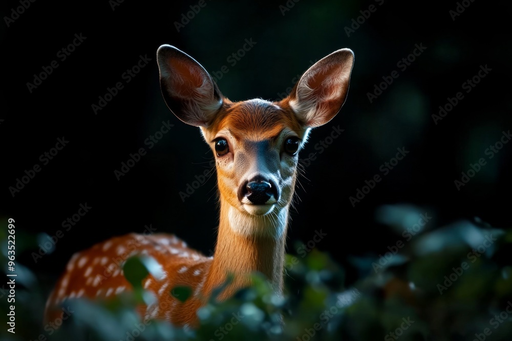Deer moving gracefully through the trees, illuminated by the moonlight as it pauses to observe the quiet campsite, before disappearing into the woods Deer moving gracefully through the trees, illuminated by the moonlight as it pauses to observe the quiet campsite, before disappearing into the woods