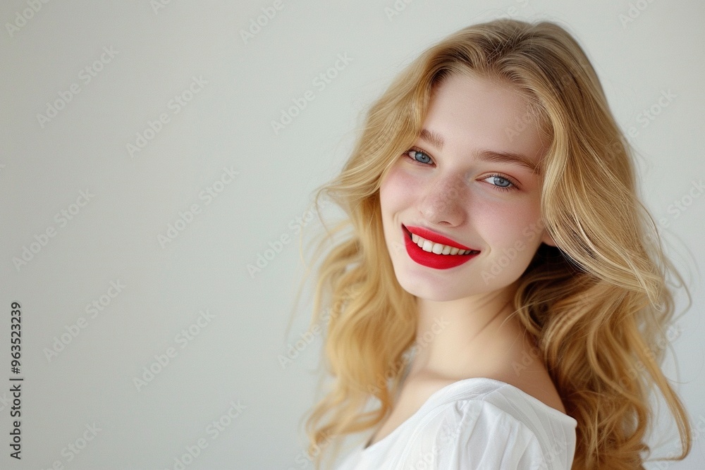 attractive BLOND YOUNG WOMAN WITH RED LIPS and big SMILE. generative ai attractive BLOND YOUNG WOMAN WITH RED LIPS and big SMILE. generative ai
